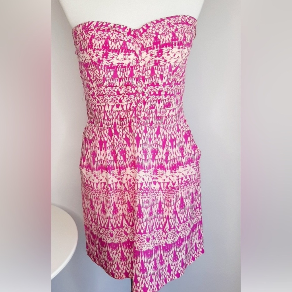 Rare Charlie Jade Pink and White Smocked Strapless Sheath Dress